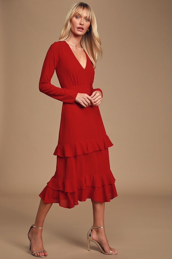 Lovely Red Dress - Ruffled Midi Dress ...